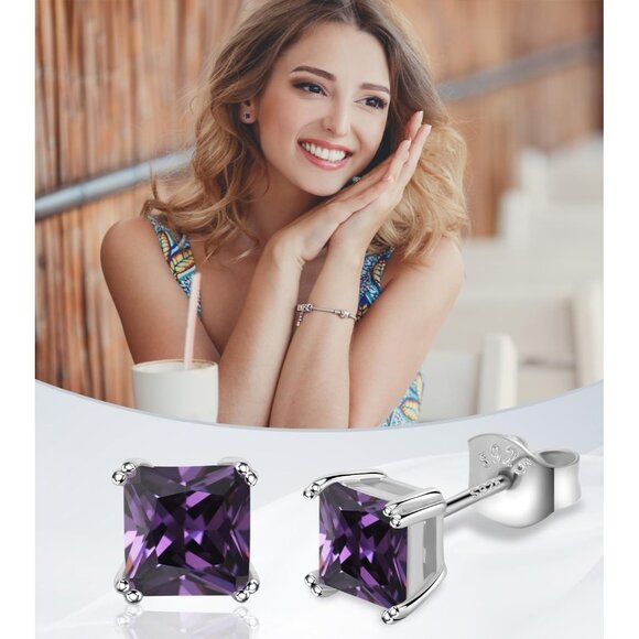 Womens Purple Cubic Zirconia 18K White Gold Plated 925 Sterling Silver Earrings - Picture 2 of 6